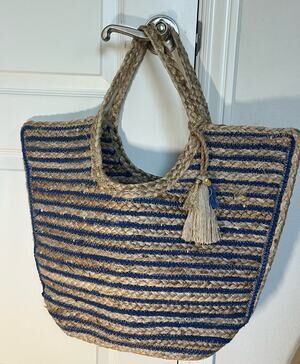 ANABAGLISH Blue Striped Jute Tote Bag with Tassel Bohemian Large